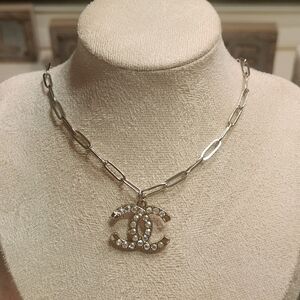 Stainless Steel Paper Clip Style Chain With Crystal Embellished Pendant Necklace